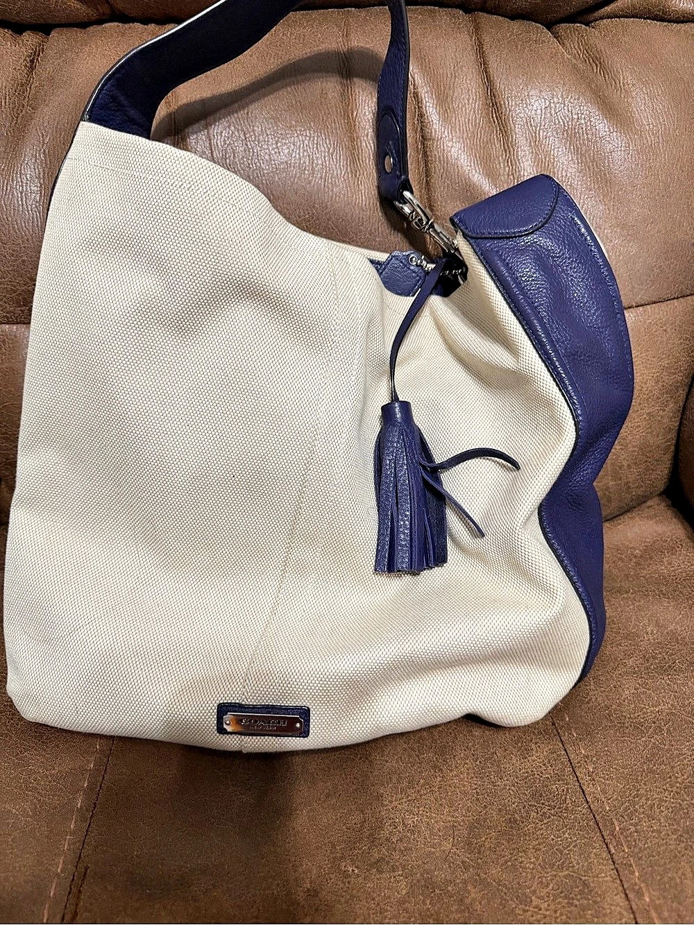 Coach Canvas Hobo Bag White & Blue